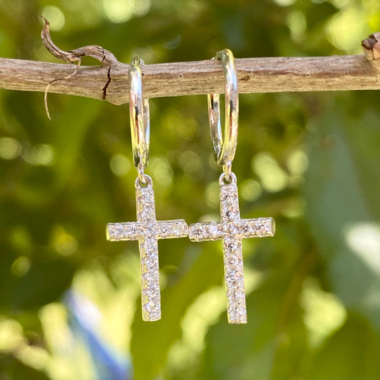 Sterling Silver Huggie Hoop Earrings CZ Cross Charms, Sterling Silver Huggie Hoop Earrings CZ Cross Charms - Legacy Saint Jewelry