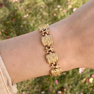 Estate 14KT Yellow Gold Byzantine Link Textured Fleur de Lis Bracelet - Legacy Saint Jewelry