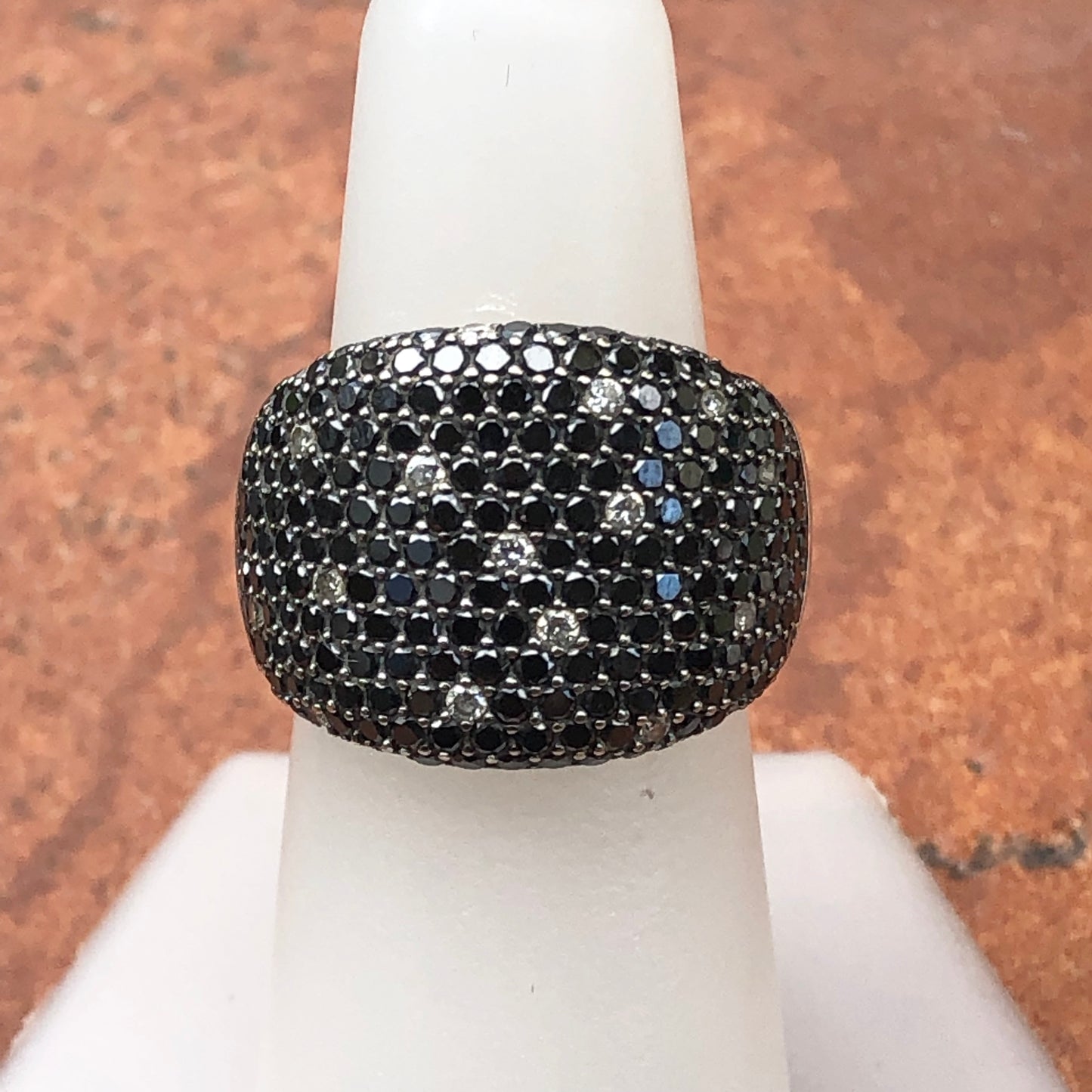 Estate 14KT White Gold 3.0 CT Pave Scattered Black + White Diamond Cigar Band Ring - Legacy Saint Jewelry