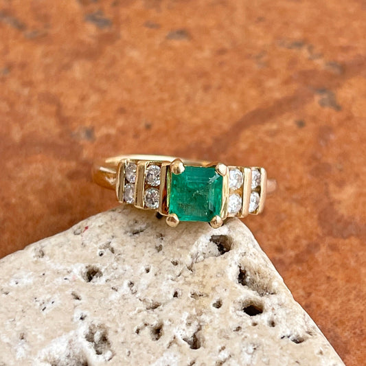 Estate 14KT Yellow Gold Emerald-Cut Emerald + Double Row Diamond Ring