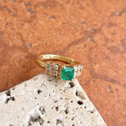 Estate 14KT Yellow Gold Emerald-Cut Emerald + Double Row Diamond Ring