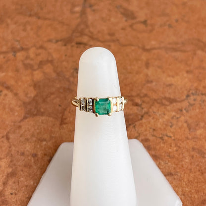 Estate 14KT Yellow Gold Emerald-Cut Emerald + Double Row Diamond Ring