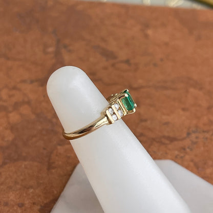 Estate 14KT Yellow Gold Emerald-Cut Emerald + Double Row Diamond Ring