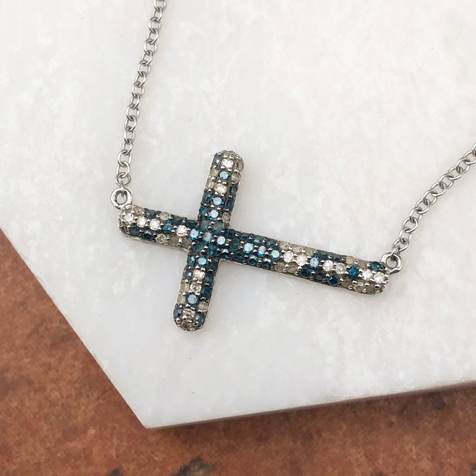 14KT White Gold Sideways Blue + White Diamond Cross Necklace - Legacy Saint Jewelry