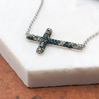 14KT White Gold Sideways Blue + White Diamond Cross Necklace - Legacy Saint Jewelry