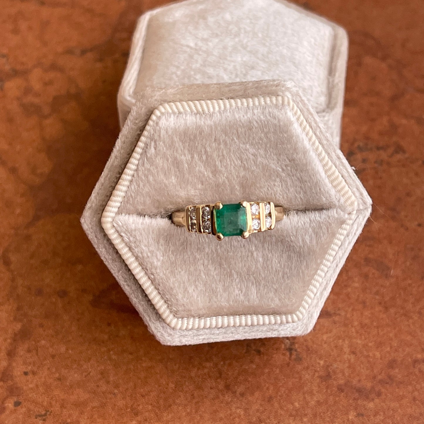 Estate 14KT Yellow Gold Emerald-Cut Emerald + Double Row Diamond Ring