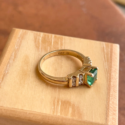 Estate 14KT Yellow Gold Emerald-Cut Emerald + Double Row Diamond Ring