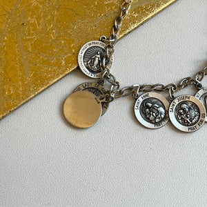 Sterling Silver Antiqued Patron Catholic Saints Medals Link Charm Bracelet 7.5"