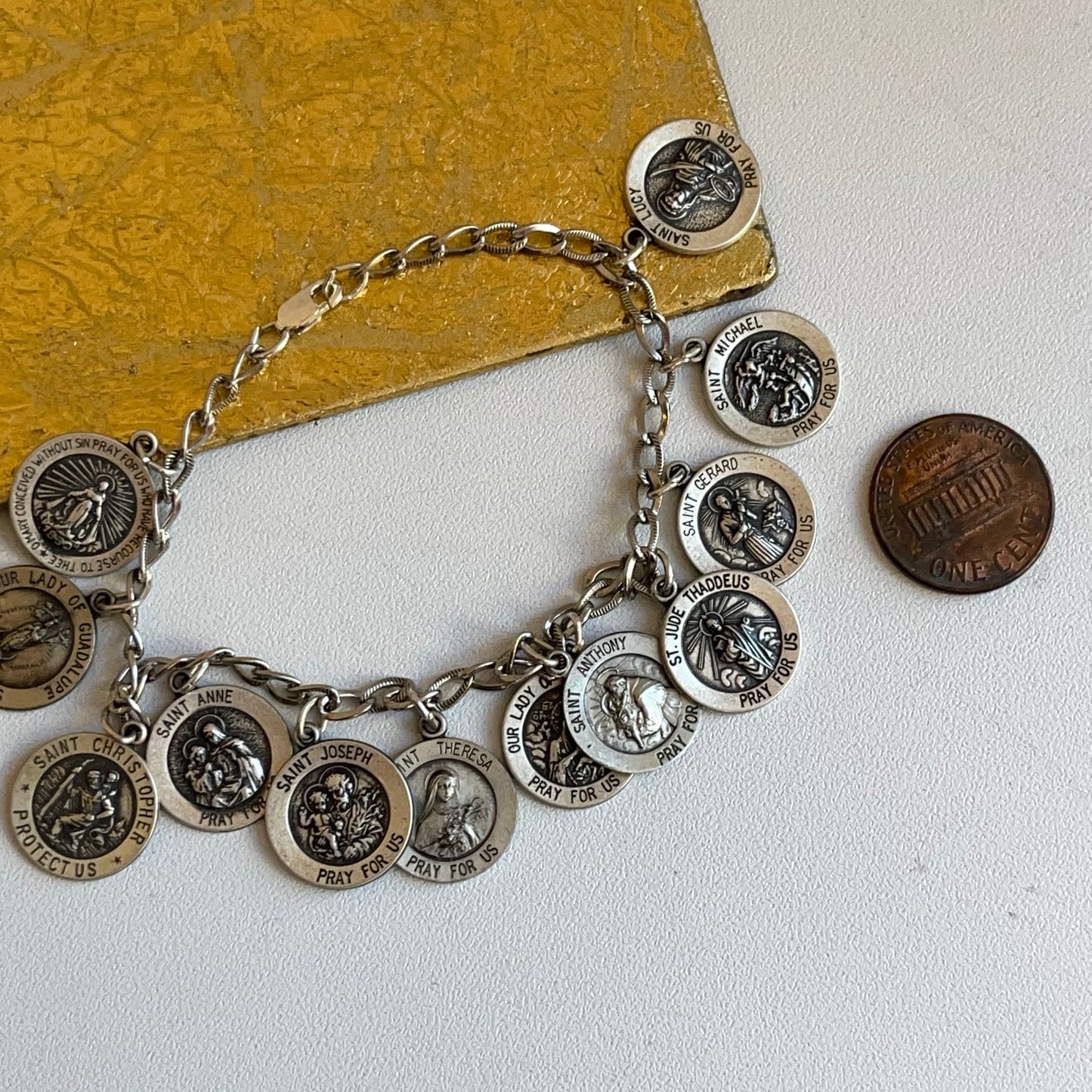 Sterling Silver Antiqued Patron Catholic Saints Medals Link Charm Bracelet 7.5"