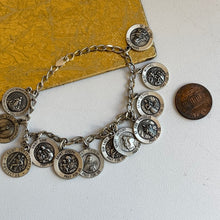 Load image into Gallery viewer, Sterling Silver Antiqued Patron Catholic Saints Medals Link Charm Bracelet 7.5&quot;
