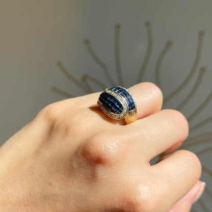 Estate 18KT Yellow Gold Princess-Cut Blue Sapphire + Pave Diamond Swirl Ring