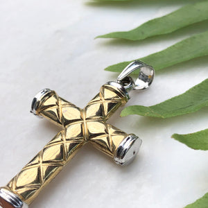 14KT Yellow Gold + White Gold Quilted Cross Pendant - Legacy Saint Jewelry