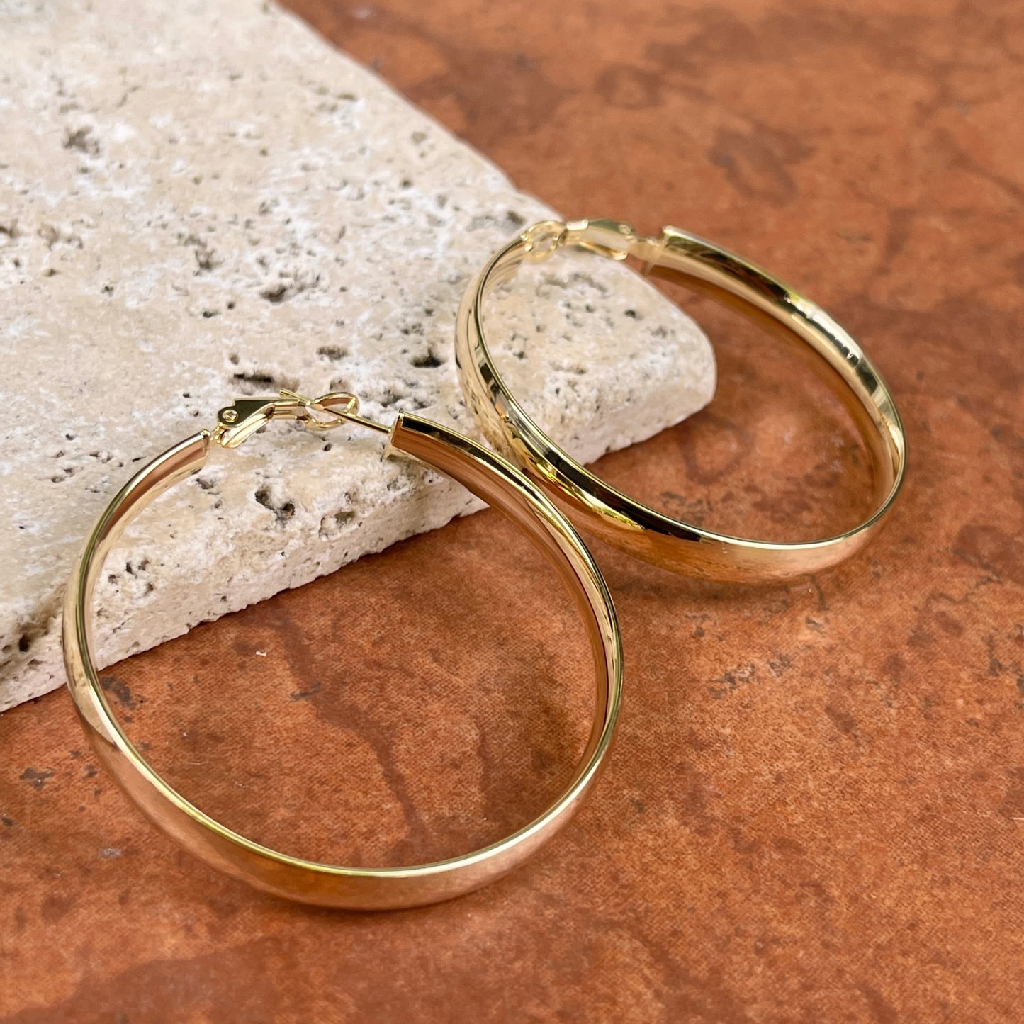 14KT Yellow Gold 6mm Wide Round Omega Hoop Earrings 45mm