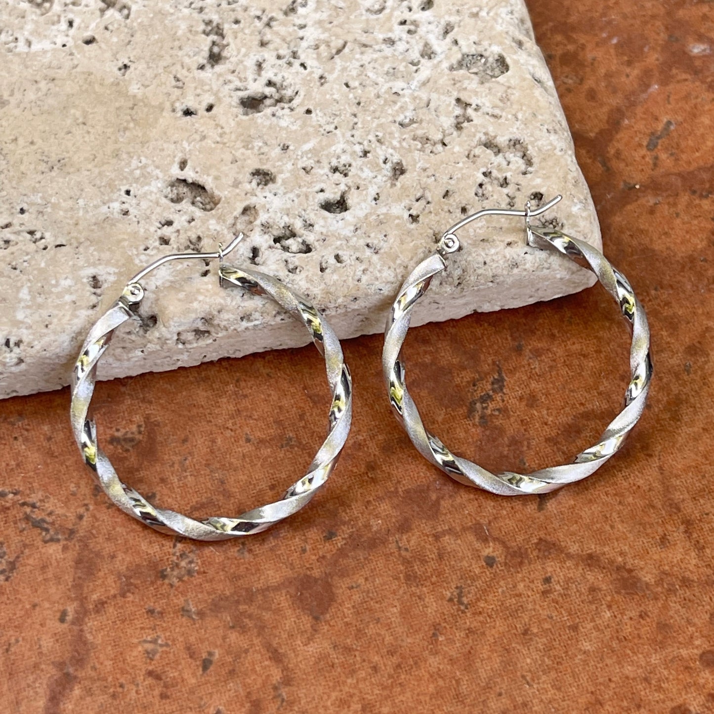 10KT White Gold Satin Twisted Hoop Earrings 30mm