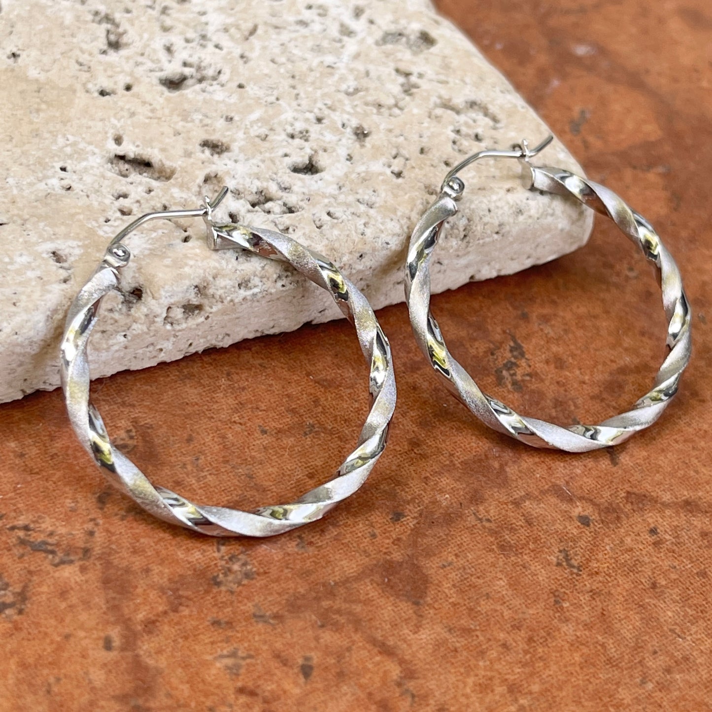 10KT White Gold Satin Twisted Hoop Earrings 30mm