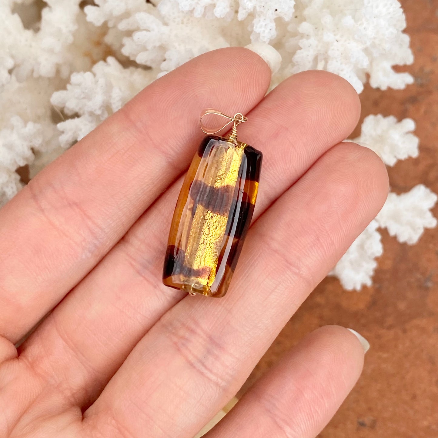 14KT Yellow Gold Brown Painted Murano Art Glass Rectangle Pendant