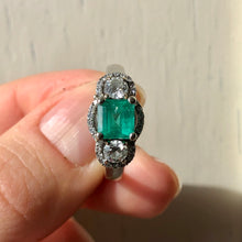 Load image into Gallery viewer, Estate 18KT White Gold Emerald + Diamond 3 Stone Halo Ring - Legacy Saint Jewelry