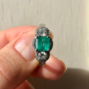 Estate 18KT White Gold Emerald + Diamond 3 Stone Halo Ring - Legacy Saint Jewelry