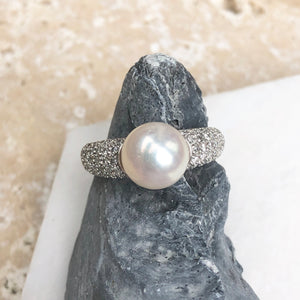 Estate 14KT White Gold Pave Diamond + Genuine Pearl Ring - Legacy Saint Jewelry
