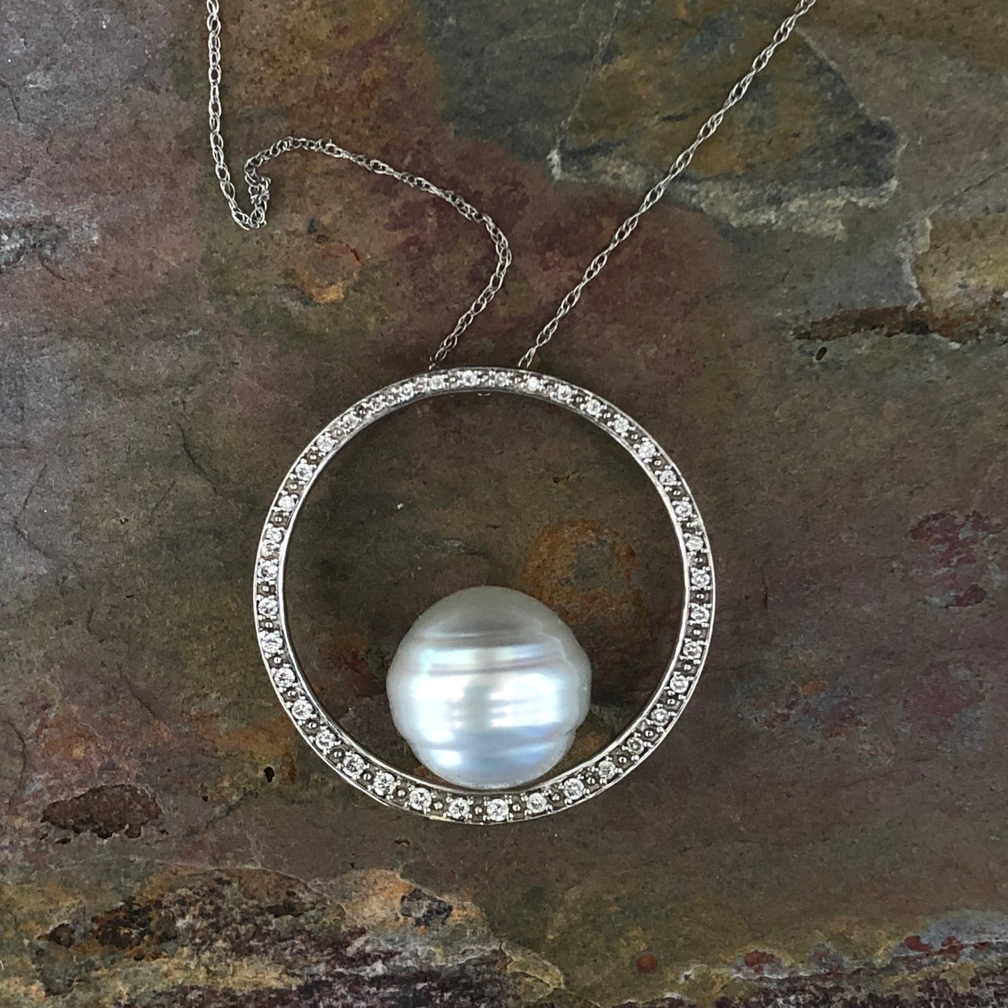 14KT White Gold Diamond + Paspaley South Sea Pearl Circle Pendant, 14KT White Gold Diamond + Paspaley South Sea Pearl Circle Pendant - Legacy Saint Jewelry