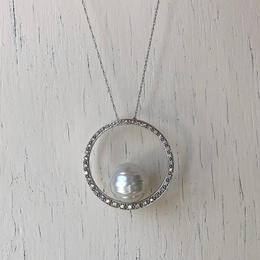 14KT White Gold Diamond + Paspaley South Sea Pearl Circle Pendant, 14KT White Gold Diamond + Paspaley South Sea Pearl Circle Pendant - Legacy Saint Jewelry