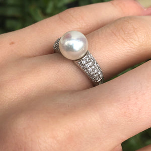 Estate 14KT White Gold Pave Diamond + Genuine Pearl Ring - Legacy Saint Jewelry