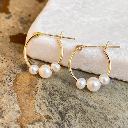 14KT Yellow Gold Triple Freshwater Pearl Charm Hoop Earrings 15mm, 14KT Yellow Gold Triple Freshwater Pearl Charm Hoop Earrings 15mm - Legacy Saint Jewelry