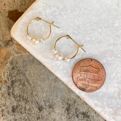 14KT Yellow Gold Triple Freshwater Pearl Charm Hoop Earrings 15mm, 14KT Yellow Gold Triple Freshwater Pearl Charm Hoop Earrings 15mm - Legacy Saint Jewelry