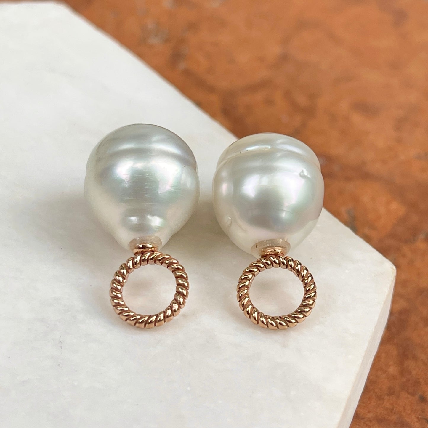 14KT Rose Gold Rope Design Paspaley South Sea Pearl Earring Charms 13mm