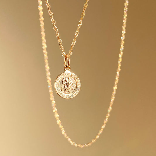 14KT Yellow Gold Saint Christopher Round Medal Pendant Necklace