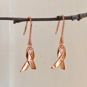 Rose Gold Plated Silver CZ Breast Cancer Awareness Ribbon Dangle Earrings