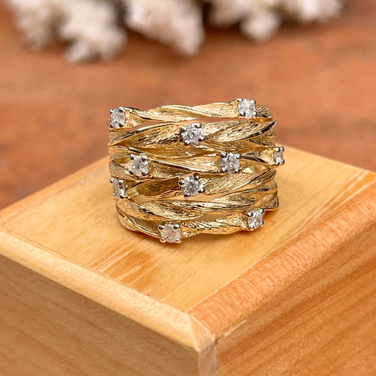 Estate 14KT yellow Gold Scattered Diamond Interlocking Cigar Band Ring