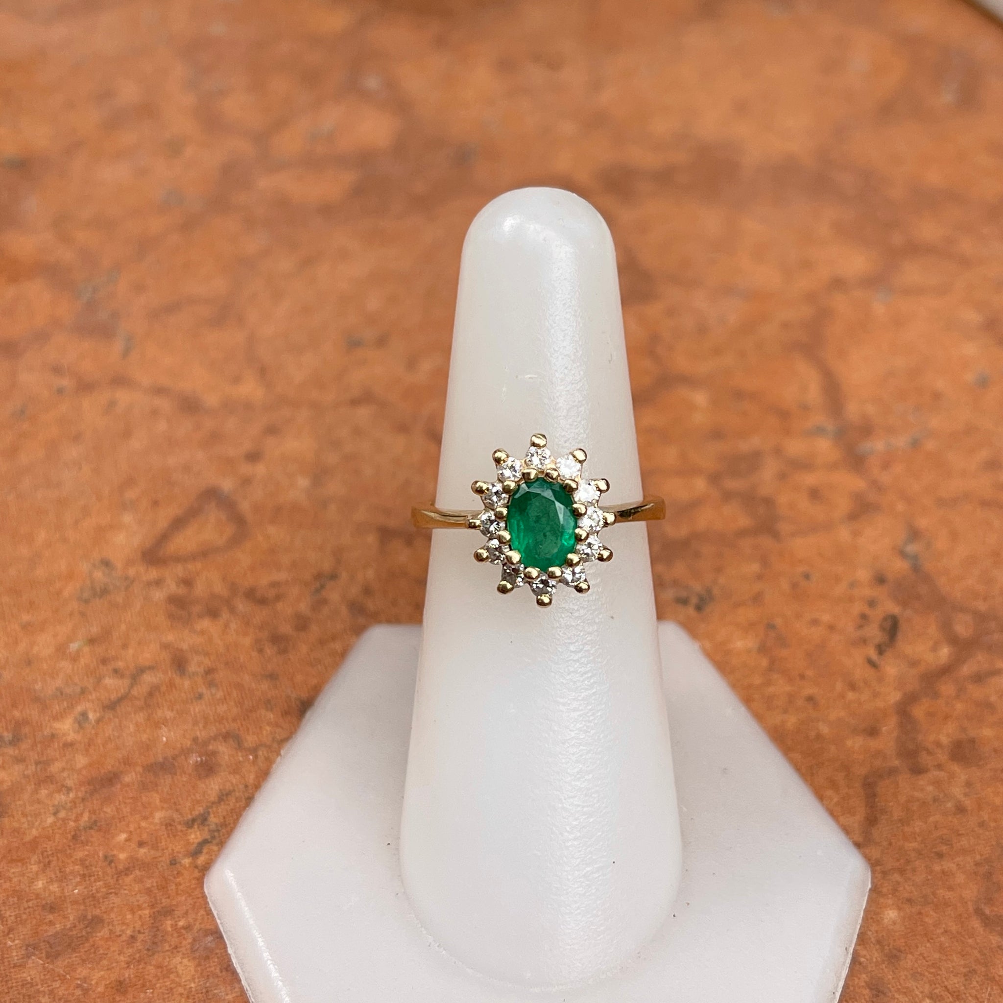 Estate 14KT Yellow Gold Oval 2.00 CT Emerald + Diamond Halo Ring – LSJ