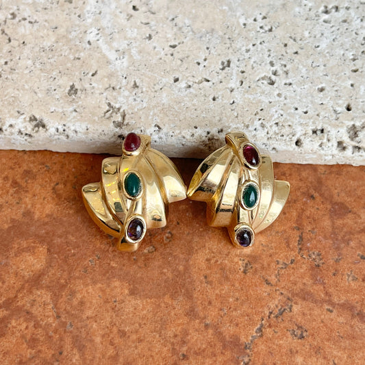 Estate 14KT Yellow Gold Art Deco Emerald, Garnet, + Amethyst Omega Earrings