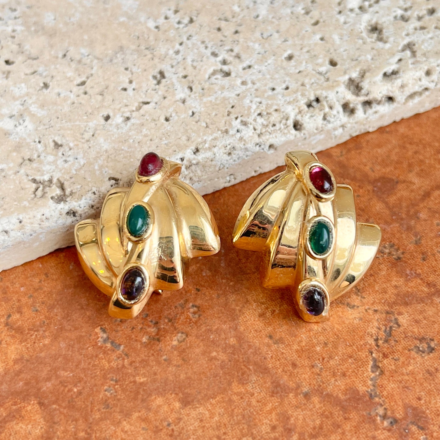 Estate 14KT Yellow Gold Art Deco Emerald, Garnet, + Amethyst Omega Earrings