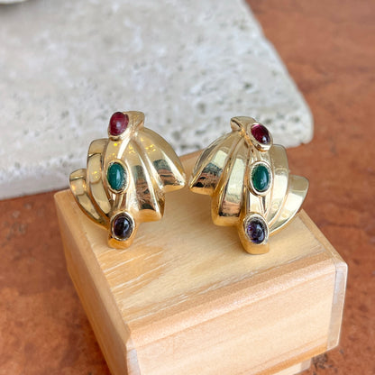 Estate 14KT Yellow Gold Art Deco Emerald, Garnet, + Amethyst Omega Earrings