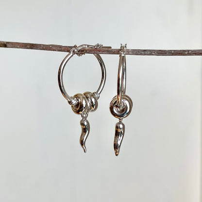 Sterling Silver Cornicello Italian Horn Charm Hoop Earrings