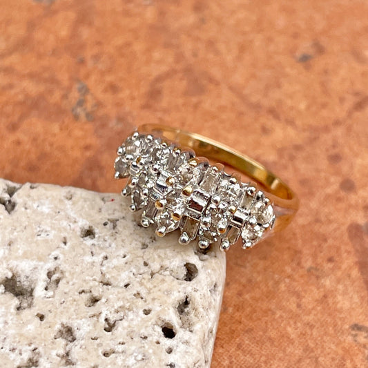 Estate 14KT Yellow Gold Baguette + Round Diamond Cluster Ring