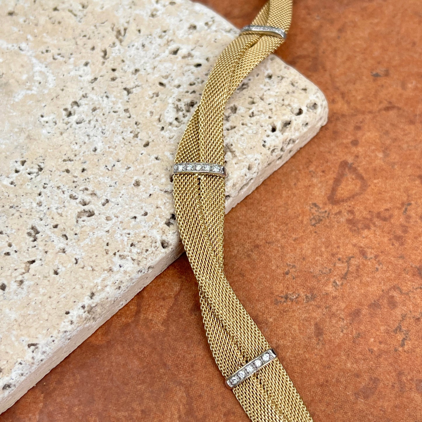 Estate 14KT Yellow Gold Pave Diamond Soft Mesh Bangle Bracelet