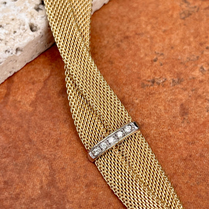 Estate 14KT Yellow Gold Pave Diamond Soft Mesh Bangle Bracelet