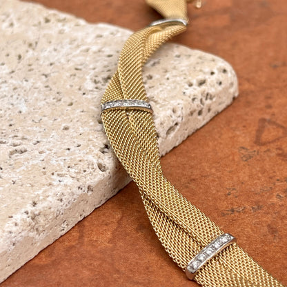 Estate 14KT Yellow Gold Pave Diamond Soft Mesh Bangle Bracelet