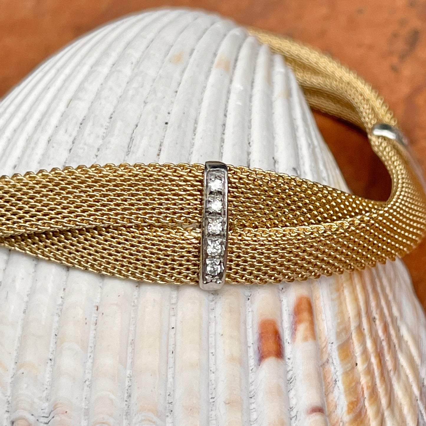 Estate 14KT Yellow Gold Pave Diamond Soft Mesh Bangle Bracelet