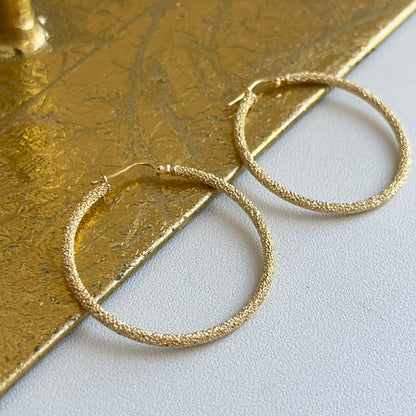 14KT Yellow Gold Textured Matte Round Hoop Earrings 35mm