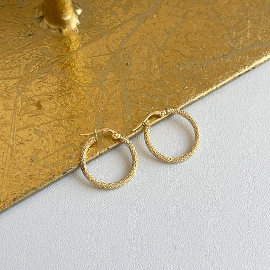 14KT Yellow Gold Textured Matte Round Hoop Earrings 20mm