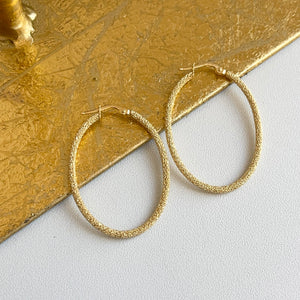 14KT Yellow Gold Textured Matte Oval Hoop Earrings 40mm