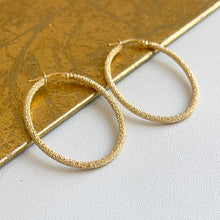 Load image into Gallery viewer, 14KT Yellow Gold Textured Matte Oval Hoop Earrings 40mm