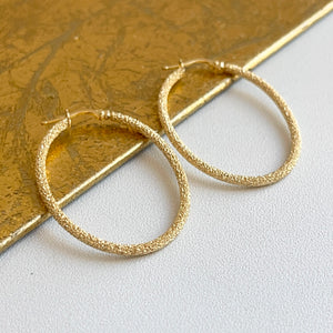 14KT Yellow Gold Textured Matte Oval Hoop Earrings 40mm