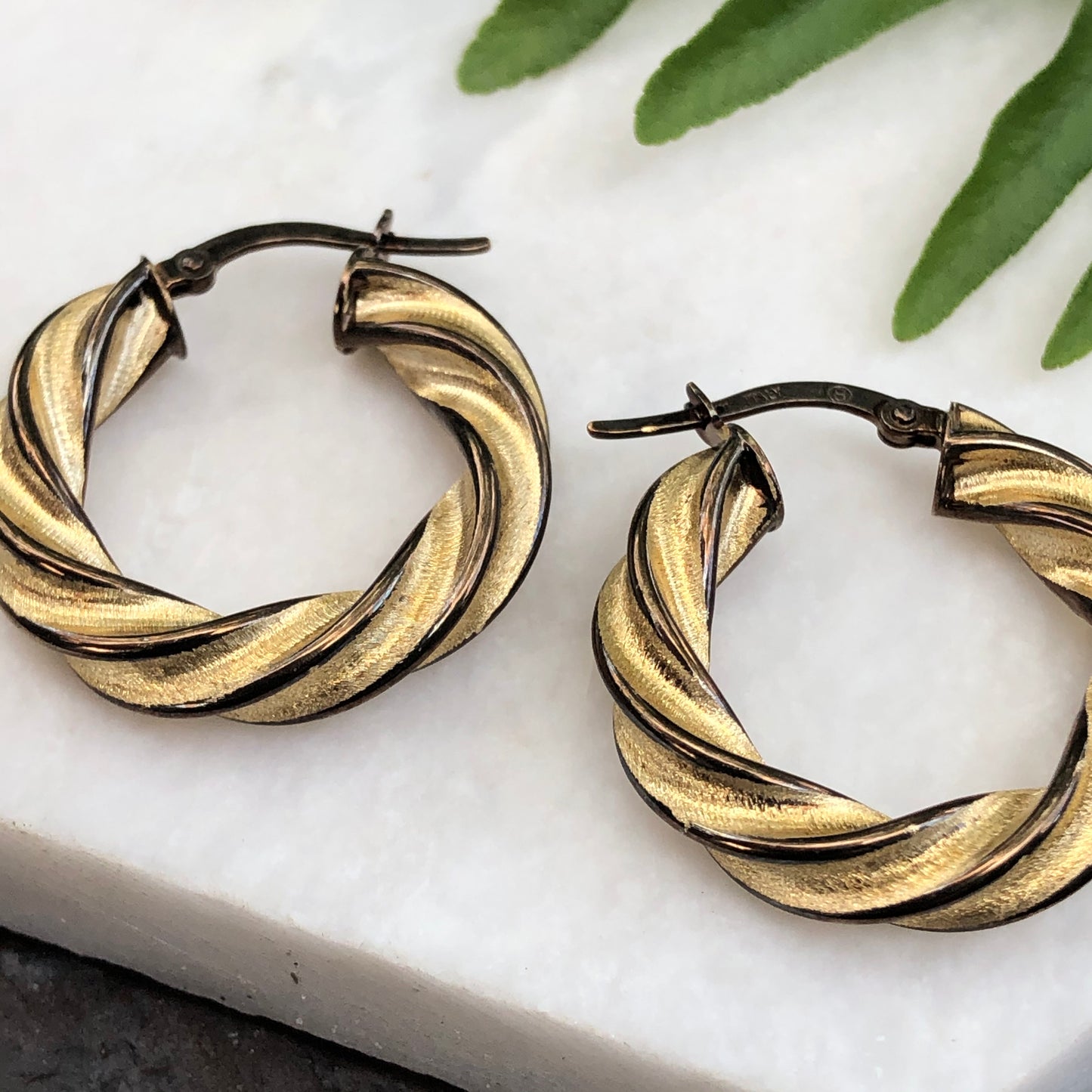 14KT Yellow Gold + Chocolate Gold Twist Hoop Earrings, 14KT Yellow Gold + Chocolate Gold Twist Hoop Earrings - Legacy Saint Jewelry