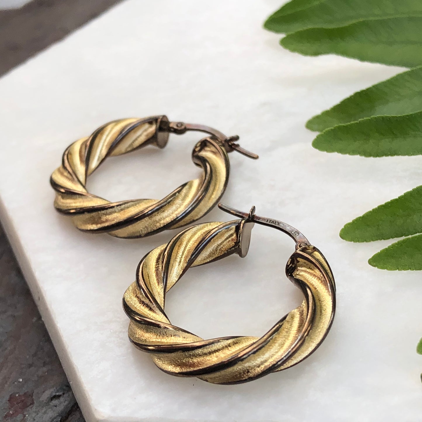 14KT Yellow Gold + Chocolate Gold Twist Hoop Earrings, 14KT Yellow Gold + Chocolate Gold Twist Hoop Earrings - Legacy Saint Jewelry