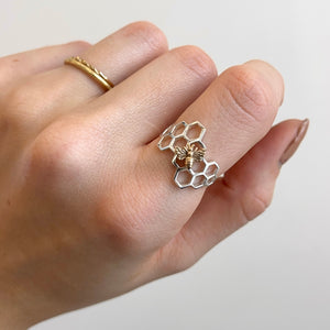 Sterling Silver + Bronze Honeycomb Bee Ring